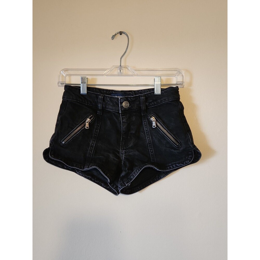 Aéropostale Black Denim Shorts Mid Rise Zipper Pocket Accents Women's Size XS